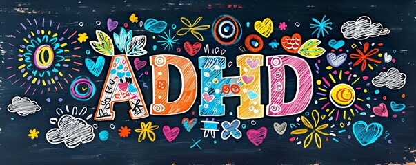 A vibrant, hand-drawn chalk illustration spelling "ADHD" with whimsical doodles and symbols promoting awareness and positivity