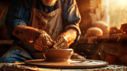 potter at work, A close-up of a skilled potter shaping clay on a pottery wheel in a sunlit studio - obrazy, fototapety, plakaty