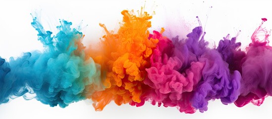 A row of colorful ink splashes in petal pink, violet, magenta, and electric blue on a white background, resembling a beautiful natural material art display for an event - obrazy, fototapety, plakaty