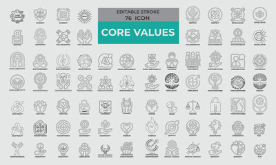 76 Stroke Icons for Core Values set in line style. Excellent icons collection. Vector illustration.