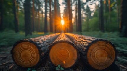 forest pine and spruce trees log trunks pile the logging timber wood industry wide banner or panorama wooden trunks - obrazy, fototapety, plakaty