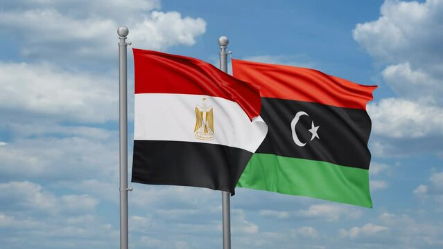 Libya and Egypt two flags waving together, looped video, two country cooperation concept