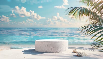 beach podium concept, Summer sand and tropical sea background with abstract stone podium, empty podium stages for new product presentation, ai generative
