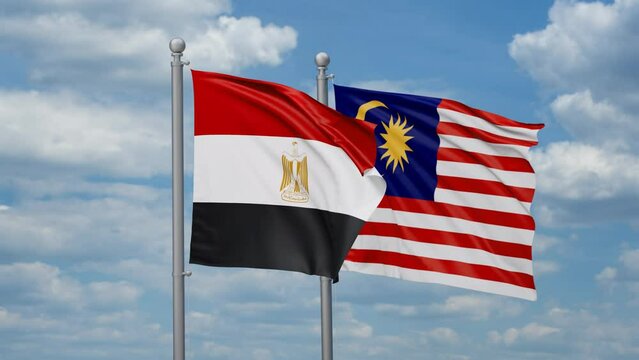 Malaysia and Egypt two flags waving together, looped video, two country cooperation concept
