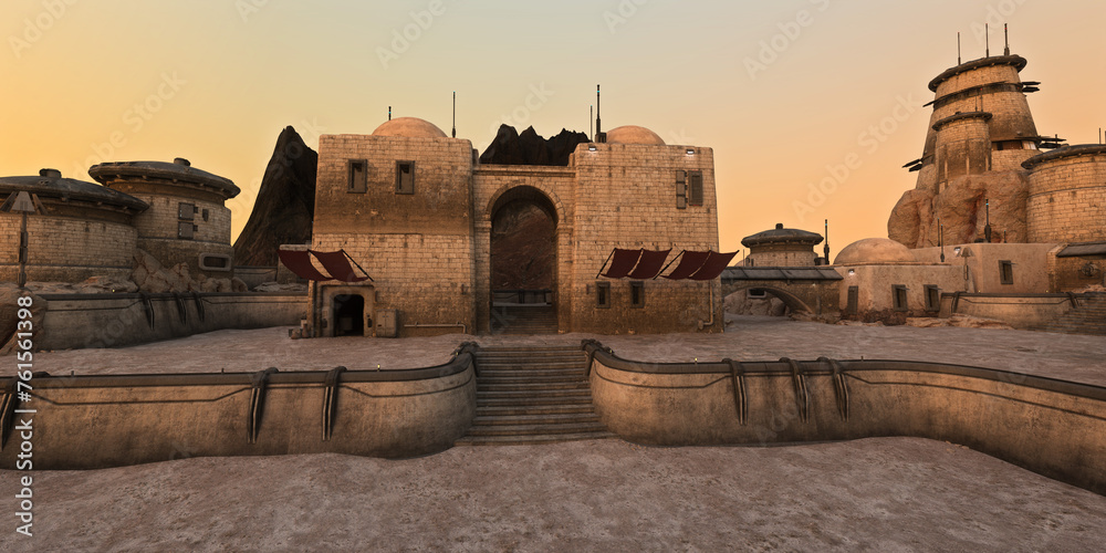 Poster sci-fi desert outpost buildings on a fantasy alien planet. 3d render.
