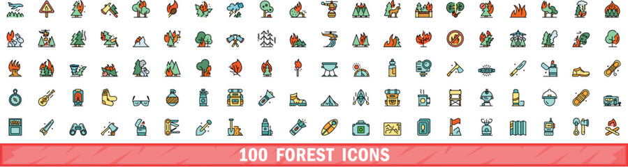 100 forest icons set. Color line set of forest vector icons thin line color flat on white