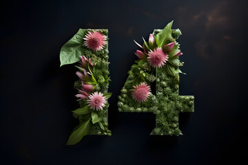 Number fourteen surrounded by different spring flowers on dark background. Happy Valentine's Day.
