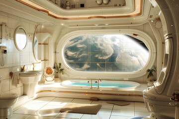 Futuristic luxury bathroom interior design onboard a space station in orbit with view of earth
