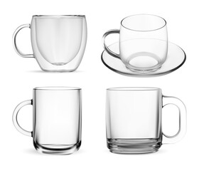 Transparent glass cup set. Double wall tea mug mockup, realistic vector template. Coffee cup design for brand logo, transparent tumbler, isolated on white