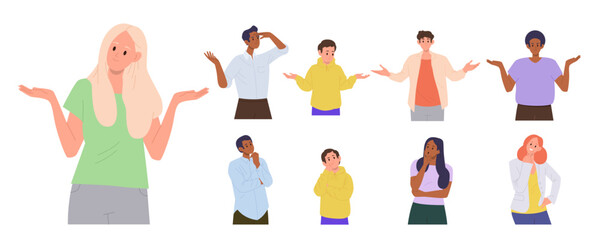 Pensive people cartoon characters set showing perplexed emotion feeling troubled and confused