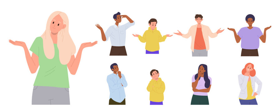 Pensive people cartoon characters set showing perplexed emotion feeling troubled and confused
