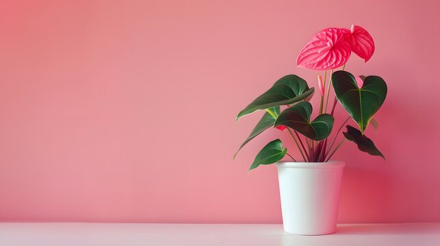 House plant Anthurium in white flowerpot isolated on white table and pink background Anthurium is heart - shaped flower Flamingo flowers or Anthurium andraeanum (Araceae or Arum) symbolize hospitality