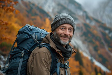 Obraz premium Closeup of young man with snowy beard in the mountains