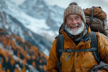 Closeup of young man with snowy beard in the mountains