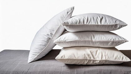 Stack of beddings on white background, clear white pillows.