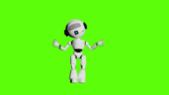 jumping cute artificial intelligence mechanical robot on green screen