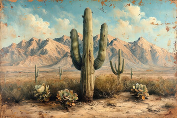 A serene desert scene with towering cacti, colorful blooms, and majestic mountains under a cloud-speckled sky.
