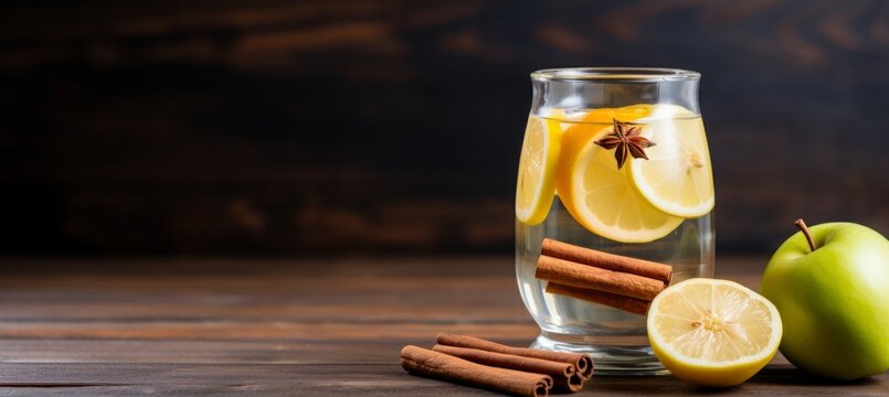 Apple Cinnamon Detox Water: Capture a photo of a glass flask filled with water, apple slices, and cinnamon sticks, emphasizing the unique combination of flavors