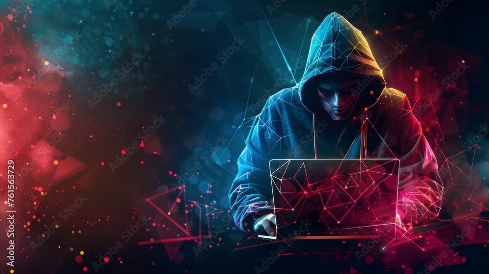 Wall mural man with sweatshirt and hood on a laptop hacker concept, computer, cyber security, pirate, man, network, internet, browsing, attack, laptop, virus, cell phone - Wall murals
