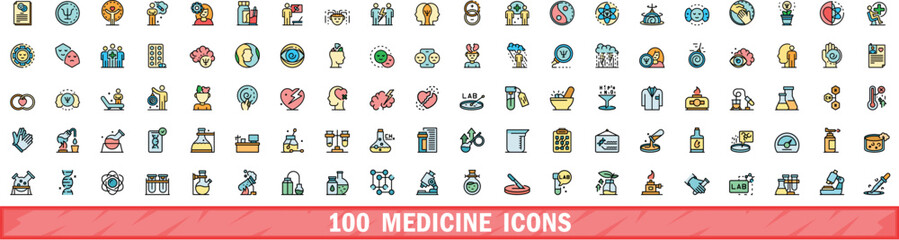 100 medicine icons set. Color line set of medicine vector icons thin line color flat on white - obrazy, fototapety, plakaty