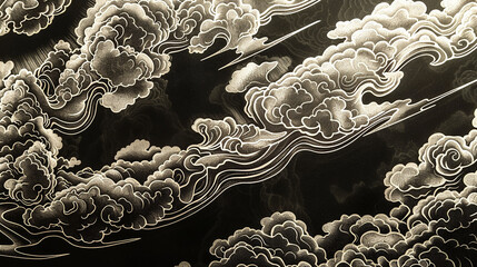 
nuvem japonesa gravada, linhas grossas em negrito - obrazy, fototapety, plakaty