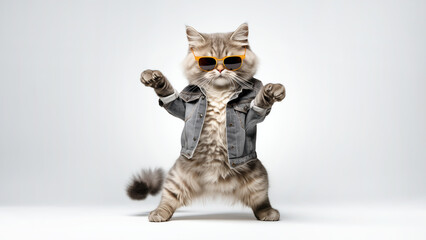 Funny cat wearing orange sunglasses and denim jacket standing in dancing pose on light gray studio...