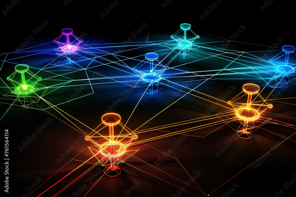 Wall mural colorful network nodes connected by lines on dark background