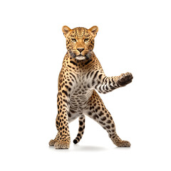Obraz premium Leopard standing in dancing pose isolated on white background.