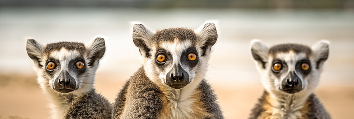 Portrait of group of three ring-tailed lemurs. Creative banner background.  - obrazy, fototapety, plakaty