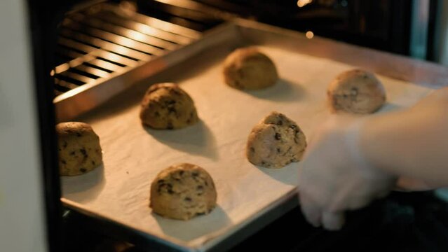 A tray of cookies is baking in an oven. The cookies are brown and appear to be chocolate chip. baking cookies in a hot oven and many pieces. Making bakery desserts.