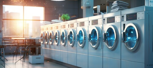 Bright public laundry space with commercial washing machines and clean laundry stack