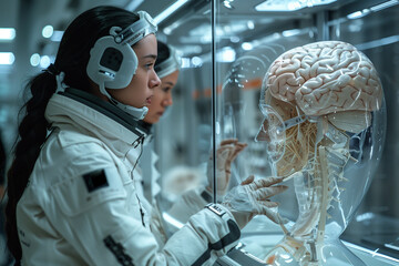 Woman Examining Model of Human Head
