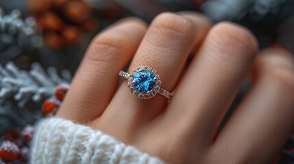 A woman's hand with a simple blue diamond ring