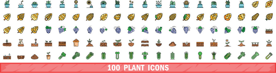 100 plant icons set. Color line set of plant vector icons thin line color flat on white