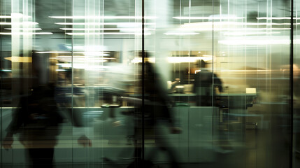 Blurred office with people working behind glass wall. people, work and corporate concept - blurred background with business team meeting at office behind glass wall. Ai generated image