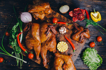 smoked chicken, chicken baked in a smokehouse, on a cutting board decorated with vegetables, pepper, chili pepper, lemon, rosemary, onion