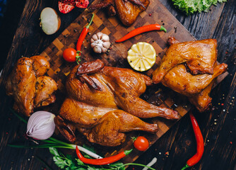 smoked chicken, chicken baked in a smokehouse, on a cutting board decorated with vegetables, pepper, chili pepper, lemon, rosemary, onion