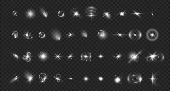 Beams and gleams, isolates et of realistic lens flare effects. Vector camera reflection or tweak, splashes and bursts from bright sun or light. Optical glint and sparkle, flashlight and shining