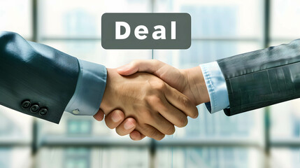 A handshake between two individuals, with word “Deal” in office background, agreement and cooperation in business or investment