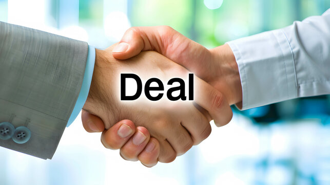 A handshake between two individuals, with word “Deal” in office background, agreement and cooperation in business or investment