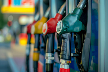 Fuel nozzle or fuel dispenser in gas station, one of the world's most traded commodities and vital to the economy, increase and decrease in oil prices, demand supply in oil - obrazy, fototapety, plakaty