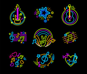 Neon music signs for clubs, disco and bars. Vector isolated set of icons with guitar, glowing lights with stars and notes. Show and entertainment at night, nightlife and party announcement