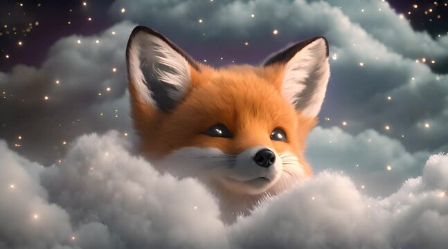 animated cute baby fox sleeping at night in the clouds with stars.