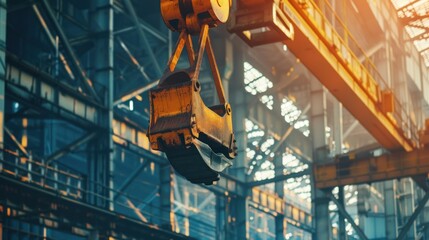 Large crane machine hanging inside industrial factory. Generated AI image - obrazy, fototapety, plakaty