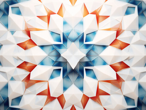 Geometric shapes in a kaleidoscopic pattern on white. AI Generation.