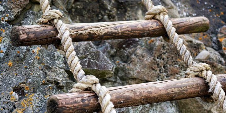 A photo of rope ladder on rock wall