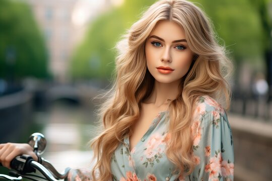Scandinavian girl with blonde hair in blue summer dress posing on amsterdam bridge with city bike