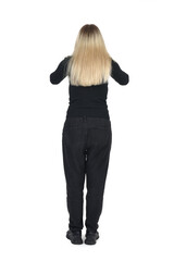 rear view of a standing woman who is screaming on white background