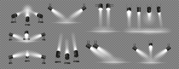 Projector illuminating scene to place, isolated spotlights with direction on spot. Vector isolated realistic lights for movies or theaters, product presentations or displays for advertisement