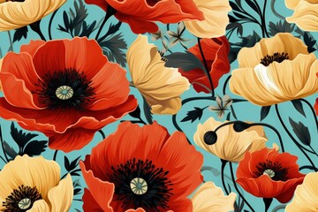 Vibrant Red and Yellow Flowers Against Blue Background